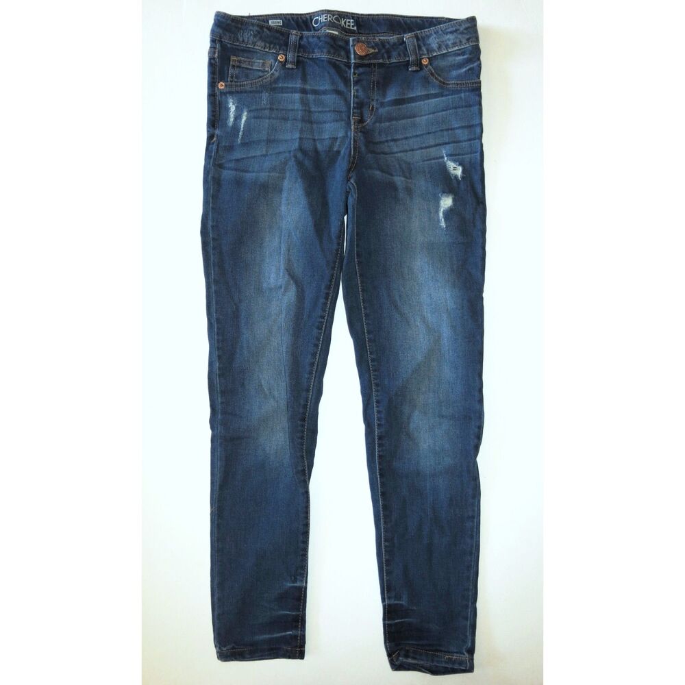 Cherokee girls distressed ankle 27" dark denim stretch pull on jeans pants 16